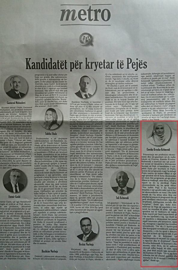 Profili i kandidatës për Kryetare të Pejës Eneida Kelmendi në gazetën Koha Ditore